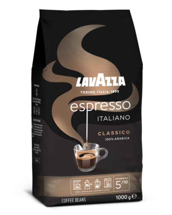 kawa ziarnista Lavazza Espresso Italiano Classico, mieszanka ziaren Arabica (100%), średnio palona, intensywna, jedwabista w smaku, opakowanie 1kg
