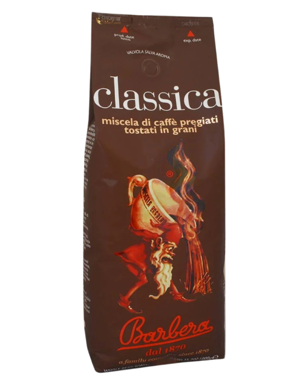 kawa ziarnista Barbera Classica, mieszanka ziaren Arabica (60%) i Robusta, ciemno palona, intensywna w smaku, opakowanie 1kg