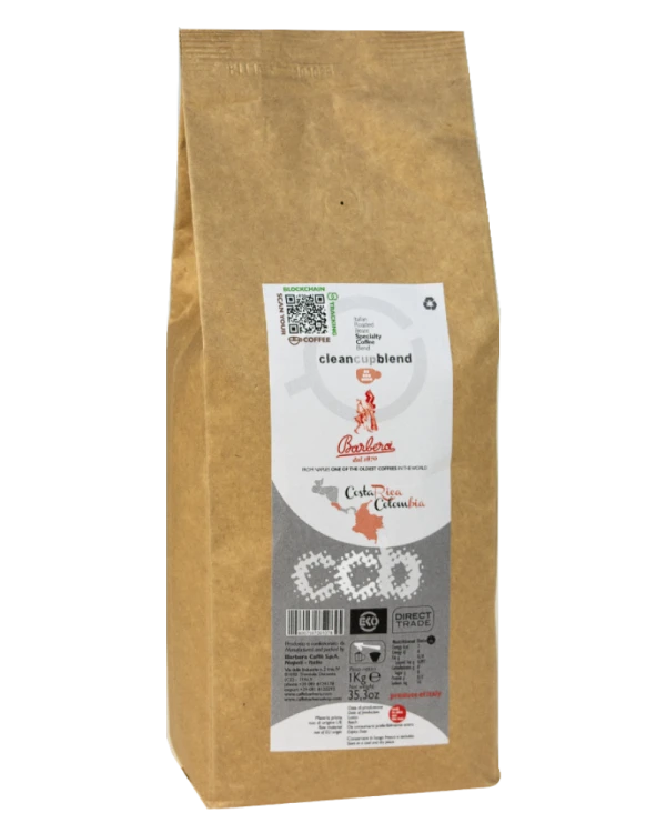 kawa ziarnista Barbera Clean Cup Blend, mieszanka ziaren Arabica (100%) z ekologicznych upraw, średnio palona, intensywna w smaku, opakowanie 1kg