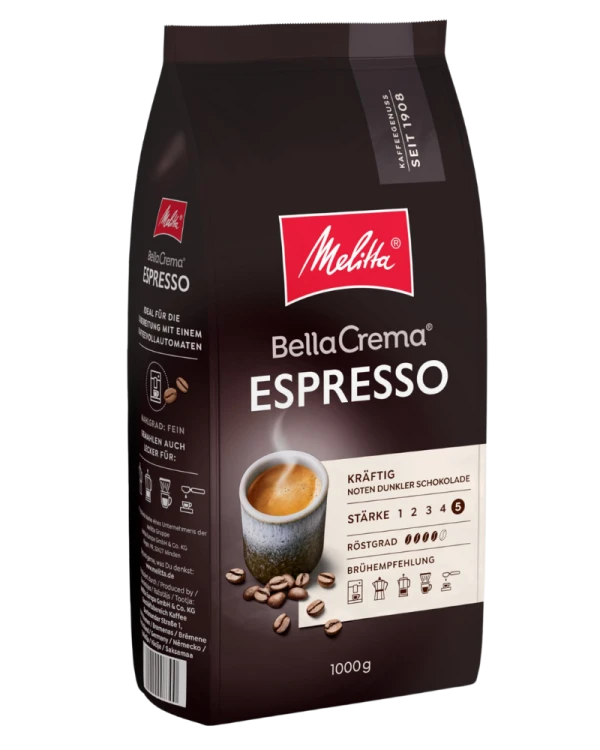 kawa ziarnista Melitta BellaCrema Espresso, mieszanka ziaren Arabica (80%) i Robusta, mocno palona, intensywna w smaku, opakowanie 1kg