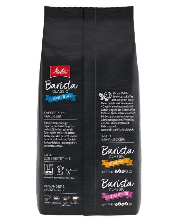 kawa ziarnista Melitta Barista Espresso, mieszanka ziaren Arabica i Robusta, średnio palona, wyrazista w smaku, opakowanie 1kg