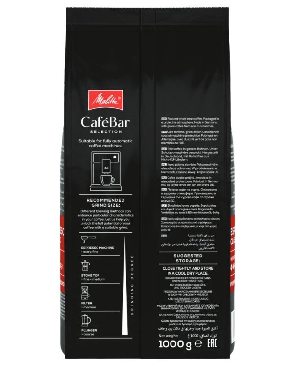 kawa ziarnista Melitta CafeBar Espresso Classic, 100% ziaren Arabica, ciemno palona, wyrazista w smaku, opakowanie 1kg