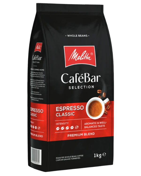 kawa ziarnista Melitta CafeBar Espresso Classic, 100% ziaren Arabica, ciemno palona, wyrazista w smaku, opakowanie 1kg