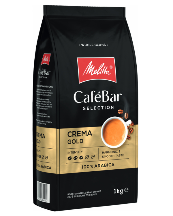 kawa ziarnista Melitta CafeBar Crema Gold, 100% ziaren Arabica, jasno palona, subtelna w smaku, opakowanie 1kg
