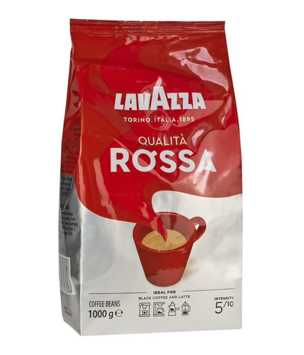 kawa ziarnista Lavazza Qualita Rossa, mieszanka ziaren Arabica (40%) i Robusta, średnio palona, słodka i łagodna w smaku, opakowanie 1kg
