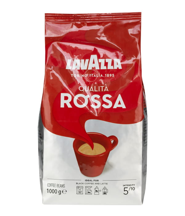 kawa ziarnista Lavazza Qualita Rossa, mieszanka ziaren Arabica (40%) i Robusta, średnio palona, słodka i łagodna w smaku, opakowanie 1kg