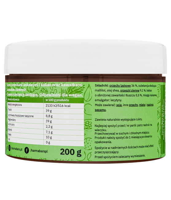 krem wegański KarmaBars Hazelnut & Cocoa Vegan 200g