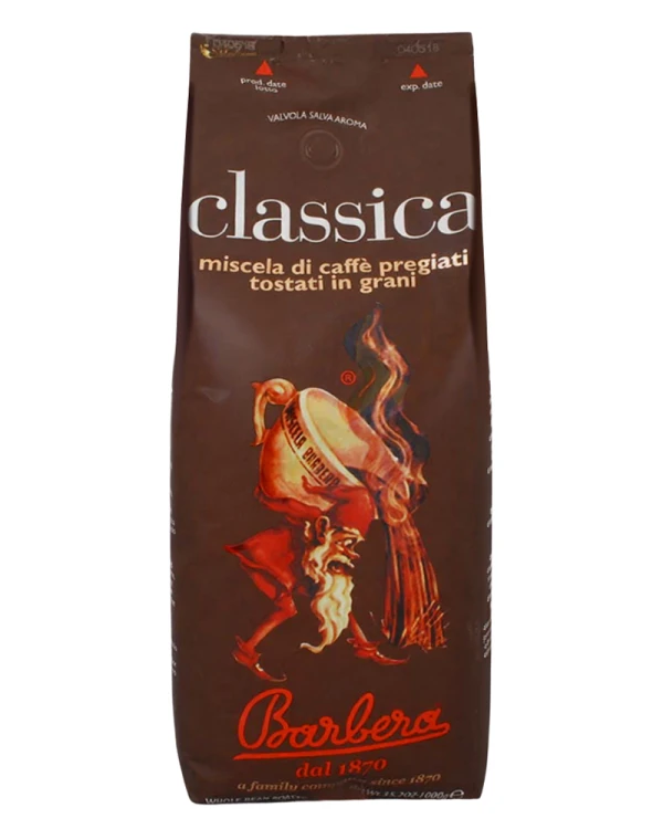kawa ziarnista Barbera Classica, mieszanka ziaren Arabica (60%) i Robusta, ciemno palona, intensywna w smaku, opakowanie 1kg